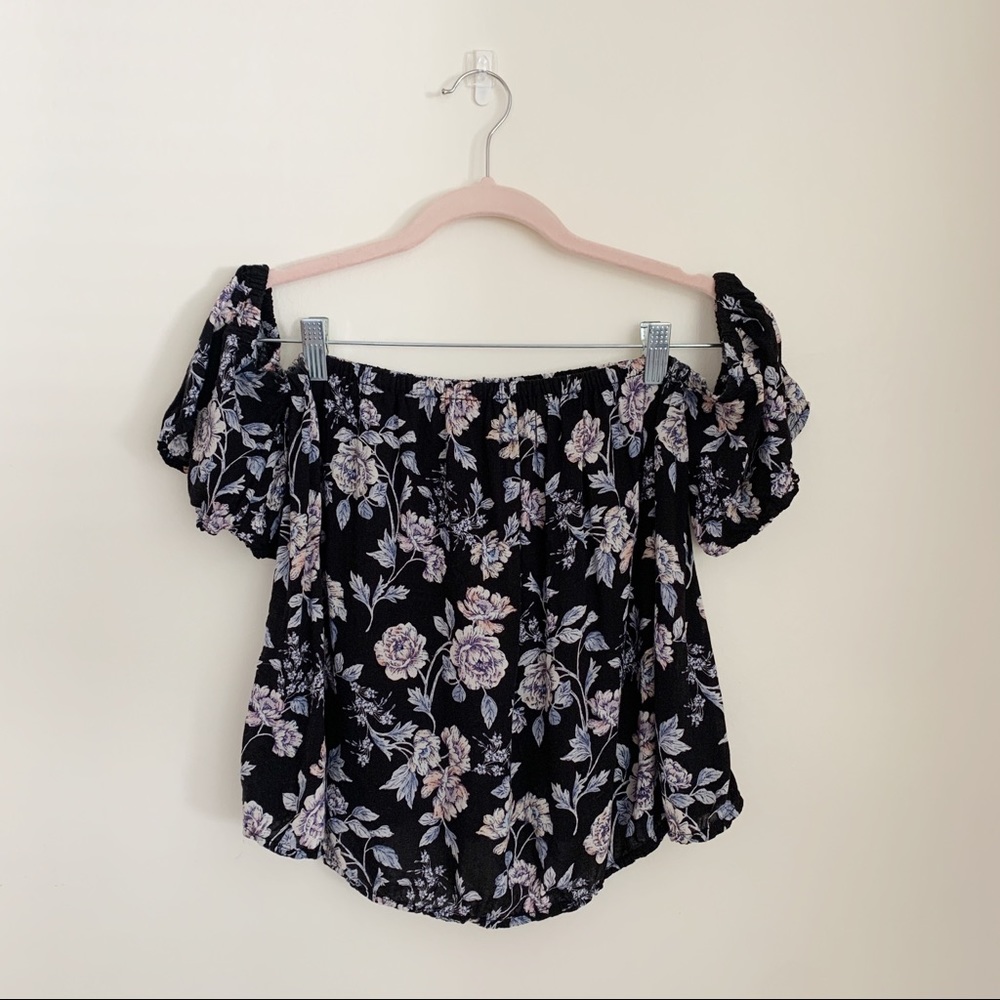American Eagle Black Purple Floral Off The Shoulder Cropped Blouse | Size XS
